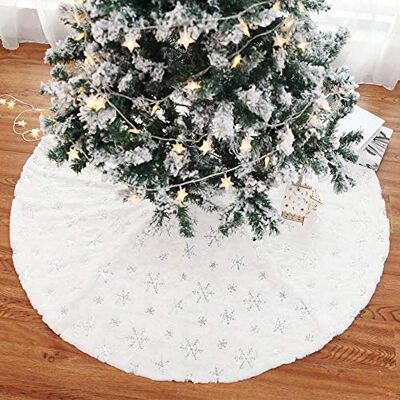 BAKAJI Roktapijt voor kerstboombasis, diameter 78 cm, van zachte stof pluche wit sneeuweffect met sneeuwvlokkendecoratie, kerstdecoraties (zilver) BAKAJI Roktapijt voor kerstboombasis, diameter 78 cm, van zachte stof pluche wit sneeuweffect met sneeuwvlokkendecoratie, kerstdecoraties (zilver)