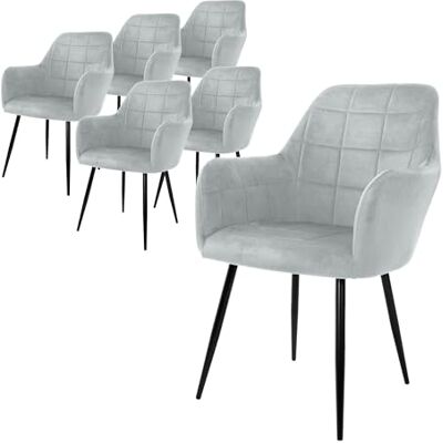 ECD Germany Set van 6 eetkamerstoelen, keuken, woonkamer, grijs, gestoffeerde zitting van fluweel, metalen structuur, retro stoel met armleuningen, voor kantoor, ontvangst, meubels ECD Germany Set van 6 eetkamerstoelen, keuken, woonkamer, grijs, gestoffeerde zitting van fluweel, metalen structuur, retro stoel met armleuningen, voor kantoor, ontvangst, meubels