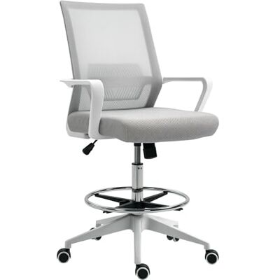 Vinsetto Bureaustoel, 360 graden draaibaar, stoel met verstelbare hoge zitting, grijs-witte kruk van ademend mesh Vinsetto Bureaustoel, 360 graden draaibaar, stoel met verstelbare hoge zitting, grijs-witte kruk van ademend mesh