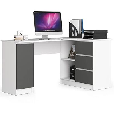 AKORD Hoekbureau B-20 met 3 laden, 2 planken en een plank met deur Hoekbureau voor thuiskantoor L 155 x H 77 x D 85, 60 kg voorzijde wit en grafietgrijs AKORD Hoekbureau B-20 met 3 laden, 2 planken en een plank met deur Hoekbureau voor thuiskantoor L 155 x H 77 x D 85, 60 kg voorzijde wit en grafietgrijs