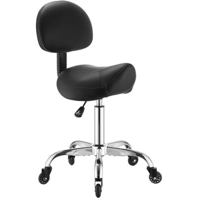 VEVOR Tabouret avec dossier pour salon, siège ergonomique, charge maximale 226,8 kg, hauteur réglable, roues silencieuses, en cuir synthétique, pivotant à 360°, noir VEVOR Tabouret avec dossier pour salon, siège ergonomique, charge maximale 226,8 kg, hauteur réglable, roues silencieuses, en cuir synthétique, pivotant à 360°, noir