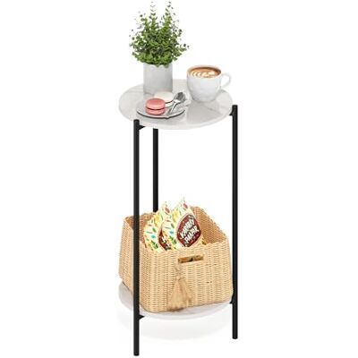 Furinno Besi Moderne ronde bijzettafel met 2 etages, robuuste metalen poten, wit marmer Furinno Besi Moderne ronde bijzettafel met 2 etages, robuuste metalen poten, wit marmer