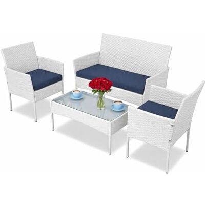 BAKAJI Tuinloungeset met bank 2 stoelen en salontafel met glazen plank, outdoor woonkamer met wit polyrotan frame, afneembare kussens voor terras, balkon, bar (wit) BAKAJI Tuinloungeset met bank 2 stoelen en salontafel met glazen plank, outdoor woonkamer met wit polyrotan frame, afneembare kussens voor terras, balkon, bar (wit)