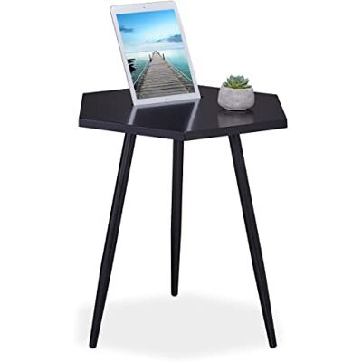 Relaxdays Bijzettafel met tabletstandaard, 50 x 50 x 43,5 cm, zeshoekige woonkamertafel, MDF en staal, zwart Relaxdays Bijzettafel met tabletstandaard, 50 x 50 x 43,5 cm, zeshoekige woonkamertafel, MDF en staal, zwart