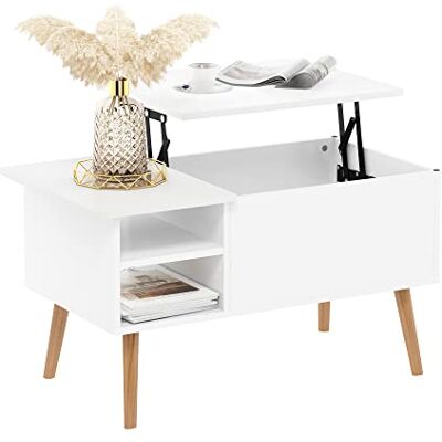 Furinno Salontafel met houten poten met verborgen vak en open zijlegplank voor woonkamer, bewerkt hout, massief wit, 45 (D) x 89,9 (B) x 46,2 (H) cm Furinno Salontafel met houten poten met verborgen vak en open zijlegplank voor woonkamer, bewerkt hout, massief wit, 45 (D) x 89,9 (B) x 46,2 (H) cm