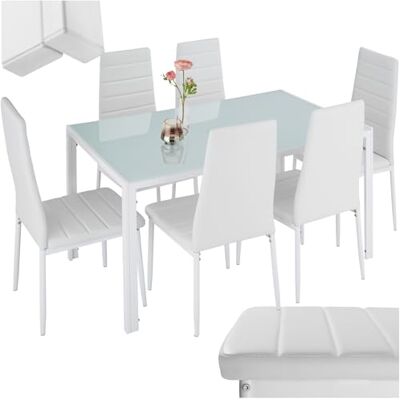 tectake ® Moderne eetkamertafel en stoelen met 6 stoelen van kunstleer, elegant tafelblad van veiligheidsglas en robuust stalen frame, ideaal voor eetkamer en keuken, wit tectake ® Moderne eetkamertafel en stoelen met 6 stoelen van kunstleer, elegant tafelblad van veiligheidsglas en robuust stalen frame, ideaal voor eetkamer en keuken, wit