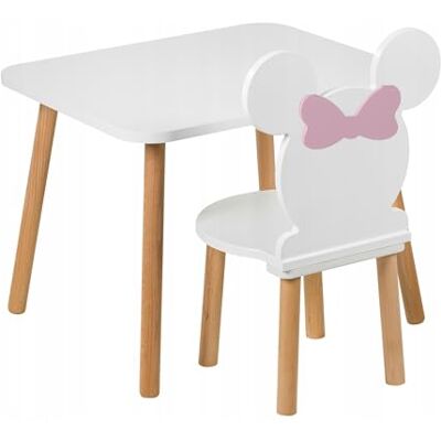 PlayPals Furniture Kindertafel en stoel van hout, Miki-design met strik, 50 x 60 x 47 cm, speeltafelset voor kinderkamer, knutseltafel en eettafel, babymeubels PlayPals Furniture Kindertafel en stoel van hout, Miki-design met strik, 50 x 60 x 47 cm, speeltafelset voor kinderkamer, knutseltafel en eettafel, babymeubels