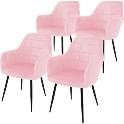 ECD Germany Set van 4 eetkamerstoelen, gestoffeerde zitting van fluweel, metalen frame, fauteuil met armleuningen, woonkamerstoel, receptiestoelen voor kantoor, roze ECD Germany Set van 4 eetkamerstoelen, gestoffeerde zitting van fluweel, metalen frame, fauteuil met armleuningen, woonkamerstoel, receptiestoelen voor kantoor, roze