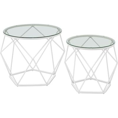 VASAGLE Ronde salontafel, 2 stuks, tafelblad van glas, stalen frame Bijzettafel, bankpunt, moderne stijl, voor woonkamer, helder glas en parelwit, collectie ISLAND LGT040W01 VASAGLE Ronde salontafel, 2 stuks, tafelblad van glas, stalen frame Bijzettafel, bankpunt, moderne stijl, voor woonkamer, helder glas en parelwit, collectie ISLAND LGT040W01