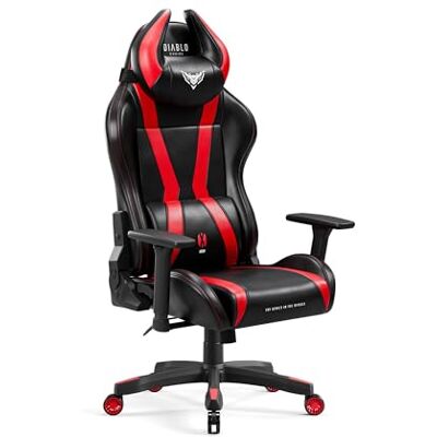 Diablo Chairs X-Horn 2.0 Kleine ergonomische bureaustoel met lendenkussen en hoofdsteun van traagschuim, verstelbare armleuningen van HDS-kunstleer, kantelbaar, 65 x 35,5 x 121 cm, zwart en rood Diablo Chairs X-Horn 2.0 Kleine ergonomische bureaustoel met lendenkussen en hoofdsteun van traagschuim, verstelbare armleuningen van HDS-kunstleer, kantelbaar, 65 x 35,5 x 121 cm, zwart en rood