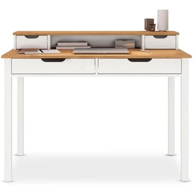 IDIMEX Bureau L 114 cm van massief hout, kleur wit en eiken, met vier laden en een opbergnis, geïntegreerd display, ideaal voor kleine ruimtes en thuiskantoor IDIMEX Bureau L 114 cm van massief hout, kleur wit en eiken, met vier laden en een opbergnis, geïntegreerd display, ideaal voor kleine ruimtes en thuiskantoor