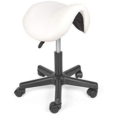 Mingone Zadelstoel met wieltjes, in hoogte verstelbaar, ergonomische bureaukruk voor cosmetica, kapperskruk, 360 graden draaibaar, wit Mingone Zadelstoel met wieltjes, in hoogte verstelbaar, ergonomische bureaukruk voor cosmetica, kapperskruk, 360 graden draaibaar, wit