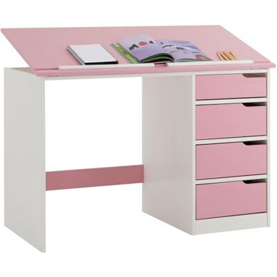 IDIMEX Emma Bureau voor kinderen, met opbergruimte en 4 laden en kantelbaar blad, Scandinavische stijl, van massief grenen, wit en roze IDIMEX Emma Bureau voor kinderen, met opbergruimte en 4 laden en kantelbaar blad, Scandinavische stijl, van massief grenen, wit en roze