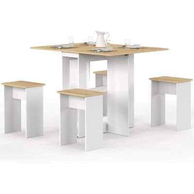 IDMarket Opvouwbare consoletafel EDI voor 2 tot 4 personen van wit hout en beukenhouten blad met 4 krukken IDMarket Opvouwbare consoletafel EDI voor 2 tot 4 personen van wit hout en beukenhouten blad met 4 krukken