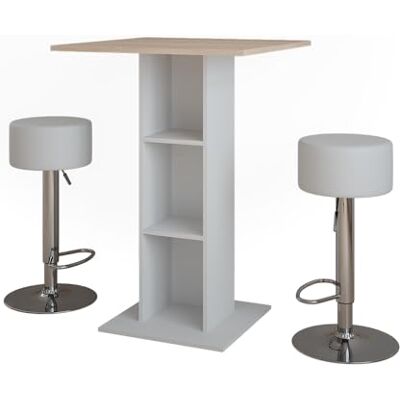 Vicco Bartafelset "Repose", wit/Sonoma, 75 x 75 cm Met 2 barkrukken, voor gebruik als hoge tafel met in hoogte verstelbare binnenplanken Vicco Bartafelset "Repose", wit/Sonoma, 75 x 75 cm Met 2 barkrukken, voor gebruik als hoge tafel met in hoogte verstelbare binnenplanken