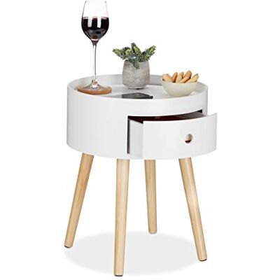 Relaxdays Bijzettafel rond, lade, houten poten, Scandinavisch design, minimalistisch, HxD 46 x 38 cm, wit/natuur, 1 stuk Relaxdays Bijzettafel rond, lade, houten poten, Scandinavisch design, minimalistisch, HxD 46 x 38 cm, wit/natuur, 1 stuk