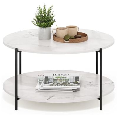 Furinno Besi Moderne ronde salontafel met 2 verdiepingen en robuuste metalen poten, wit/zwart marmer Furinno Besi Moderne ronde salontafel met 2 verdiepingen en robuuste metalen poten, wit/zwart marmer