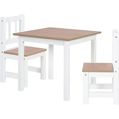 roba Woody tafel en 2 stoelen voor kinderen, dienblad en zitting in houtlook, krasbestendig, voor meisjes en jongens vanaf 2 jaar, wit roba Woody tafel en 2 stoelen voor kinderen, dienblad en zitting in houtlook, krasbestendig, voor meisjes en jongens vanaf 2 jaar, wit