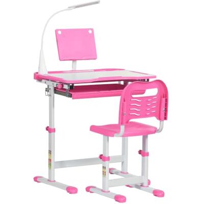 HOMCOM Kinderstoel en bureau set met ledlamp, in hoogte verstelbaar, tafel en stoel voor kinderen, schuin dienblad, leesstandaard, pennendoos, lade en bekerhouder, roze HOMCOM Kinderstoel en bureau set met ledlamp, in hoogte verstelbaar, tafel en stoel voor kinderen, schuin dienblad, leesstandaard, pennendoos, lade en bekerhouder, roze