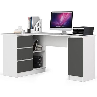 AKORD B-20 Hoekbureau met 3 laden, 2 planken en een plank met deur links of rechts, 155 x 77 x 85, 60 kg wit/grafietgrijs AKORD B-20 Hoekbureau met 3 laden, 2 planken en een plank met deur links of rechts, 155 x 77 x 85, 60 kg wit/grafietgrijs