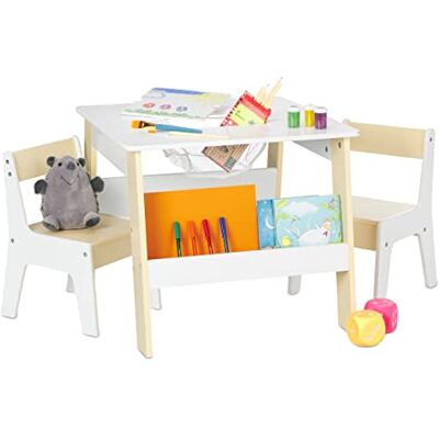Relaxdays Kinderzitset, tafel met 2 stoelen, met opbergruimte, voor jongens en meisjes, wit en beige Relaxdays Kinderzitset, tafel met 2 stoelen, met opbergruimte, voor jongens en meisjes, wit en beige