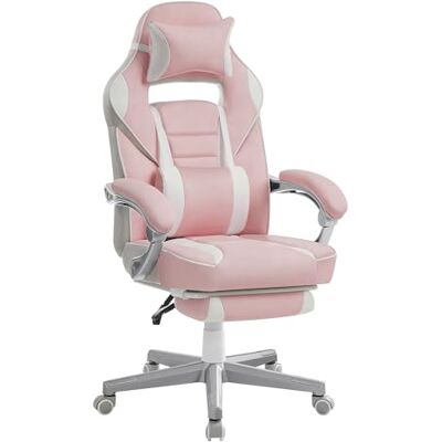 SONGMICS Bureaustoel, gamingstoel, verstelbaar, telescopische voetensteun, kantelmechanisme, hoofdsteun, lendensteun, belasting 150 kg, snoeproze en crèmewit OBG073P01 SONGMICS Bureaustoel, gamingstoel, verstelbaar, telescopische voetensteun, kantelmechanisme, hoofdsteun, lendensteun, belasting 150 kg, snoeproze en crèmewit OBG073P01