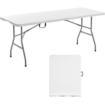 VEVOR 1,8 m klaptafel, robuust, draagbaar, dubbelopvouwbaar, rechthoekige kunststof tafel met geïntegreerd handvat, voor feest, eetkamer, bruiloft, evenementen, picknick, camping, wit VEVOR 1,8 m klaptafel, robuust, draagbaar, dubbelopvouwbaar, rechthoekige kunststof tafel met geïntegreerd handvat, voor feest, eetkamer, bruiloft, evenementen, picknick, camping, wit