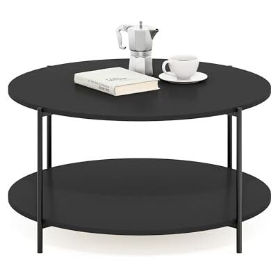 Furinno Besi Moderne ronde salontafel met 2 etages met robuuste metalen poten, Amerikaanse kleur/zwart Furinno Besi Moderne ronde salontafel met 2 etages met robuuste metalen poten, Amerikaanse kleur/zwart