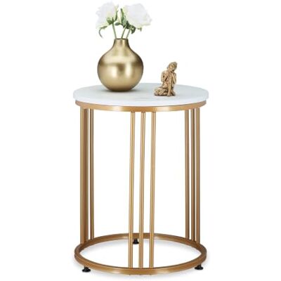 Relaxdays Bijzettafel MARMO, metaal en MDF, ronde bankpunt, woonkamer, hal, H x D 51 x 41 cm, wit/goud Relaxdays Bijzettafel MARMO, metaal en MDF, ronde bankpunt, woonkamer, hal, H x D 51 x 41 cm, wit/goud