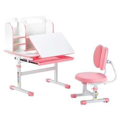 VEVOR Stoel en bureau voor kinderen, met plank en lade, tafel en studie, in hoogte verstelbaar en hellend van 0 tot 40 graden, om te lezen, voor slaapkamer en studeerkamer, roze VEVOR Stoel en bureau voor kinderen, met plank en lade, tafel en studie, in hoogte verstelbaar en hellend van 0 tot 40 graden, om te lezen, voor slaapkamer en studeerkamer, roze