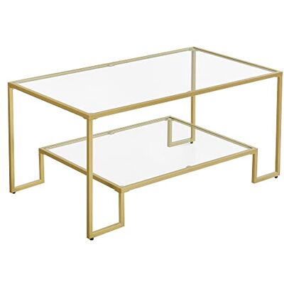 VASAGLE Salontafel glazen tafel woonkamer 2 planken van gehard glas, structuur van staal, 55 x 100 x 45 cm, decoratie voor woonkamer, goudkleurig, LGT033A01 VASAGLE Salontafel glazen tafel woonkamer 2 planken van gehard glas, structuur van staal, 55 x 100 x 45 cm, decoratie voor woonkamer, goudkleurig, LGT033A01