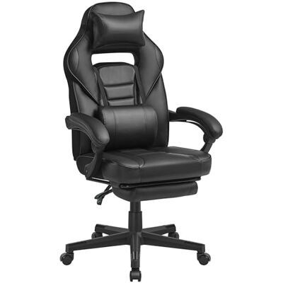 SONGMICS Bureaustoel, gamingstoel, verstelbaar, telescopische voetensteun, kantelmechanisme, hoofdsteun, lendensteun, belasting 150 kg, inktzwart OBG073B05 SONGMICS Bureaustoel, gamingstoel, verstelbaar, telescopische voetensteun, kantelmechanisme, hoofdsteun, lendensteun, belasting 150 kg, inktzwart OBG073B05