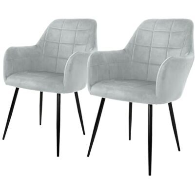 ECD Germany Set van 2 eetkamerstoelen, keuken, woonkamer, grijs, gestoffeerde zitting van fluweel, metalen structuur, retro stoel met armleuningen, voor kantoor, ontvangst, meubels ECD Germany Set van 2 eetkamerstoelen, keuken, woonkamer, grijs, gestoffeerde zitting van fluweel, metalen structuur, retro stoel met armleuningen, voor kantoor, ontvangst, meubels