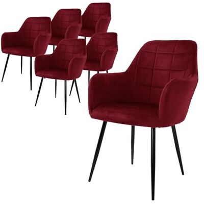 ECD Germany Set van 6 eetkamerstoelen, keuken, woonkamer, bordeaux, zitting, gestoffeerde zitting van fluweel, metalen structuur, retro stoel met armleuningen, voor kantoor, receptie, meubels ECD Germany Set van 6 eetkamerstoelen, keuken, woonkamer, bordeaux, zitting, gestoffeerde zitting van fluweel, metalen structuur, retro stoel met armleuningen, voor kantoor, receptie, meubels