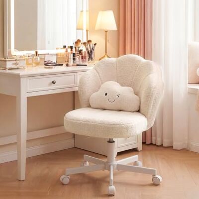 COMHOMA Bureaustoel in bloemblaadjesvorm, kapstoel met dubbellaagse rugleuning en lendenkussen, ergonomische stoel voor kantoor, slaapkamer, verstelbaar, draaibaar, van teddystof, beige COMHOMA Bureaustoel in bloemblaadjesvorm, kapstoel met dubbellaagse rugleuning en lendenkussen, ergonomische stoel voor kantoor, slaapkamer, verstelbaar, draaibaar, van teddystof, beige