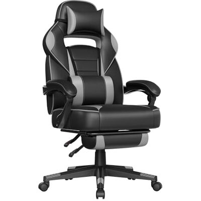 SONGMICS Gamingstoel, verstelbare bureaustoel, met telescopische voetensteun, ergonomisch, kantelmechanisme, hoofdsteun, lendensteun, belasting 150 kg, zwart en grijs OBG073B03 SONGMICS Gamingstoel, verstelbare bureaustoel, met telescopische voetensteun, ergonomisch, kantelmechanisme, hoofdsteun, lendensteun, belasting 150 kg, zwart en grijs OBG073B03
