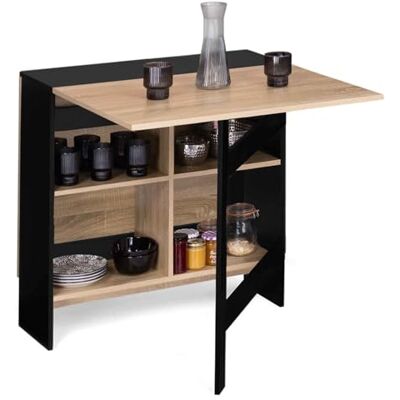 IDMarket Consoletafel, opvouwbaar, EDI voor 2-6 personen, 150 x 80 cm Met opbergvakken, kleur zwart hout en dienblad in beukenlook IDMarket Consoletafel, opvouwbaar, EDI voor 2-6 personen, 150 x 80 cm Met opbergvakken, kleur zwart hout en dienblad in beukenlook