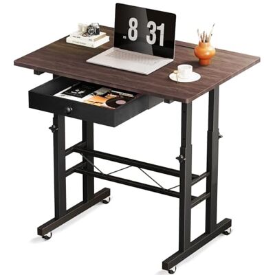 GTPLAYER Bureau, zittend, staand, bureau met opbergruimte, in hoogte verstelbaar bedtafel, 80 x 50 x (73-115 cm), laptopbureau met wieltjes, bruin GTPLAYER Bureau, zittend, staand, bureau met opbergruimte, in hoogte verstelbaar bedtafel, 80 x 50 x (73-115 cm), laptopbureau met wieltjes, bruin