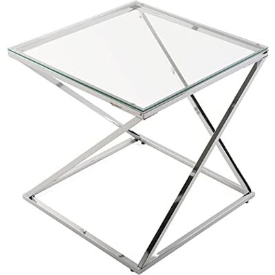 Versa Trento Bijzettafel voor woonkamer, slaapkamer of keuken. Moderne bijzettafel, afmetingen (H x B x L) 51 x 51 x 51 cm, glas en metaal, kleur: zilver Versa Trento Bijzettafel voor woonkamer, slaapkamer of keuken. Moderne bijzettafel, afmetingen (H x B x L) 51 x 51 x 51 cm, glas en metaal, kleur: zilver