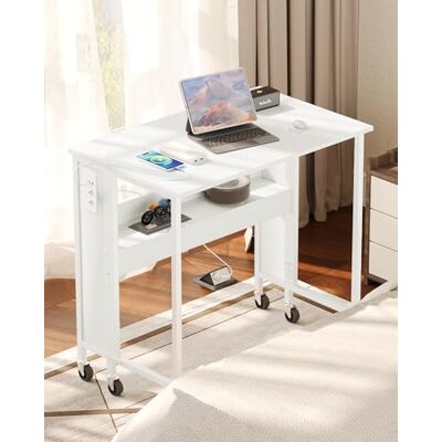 CHOEZON Opvouwbaar bureau met opbergrek, 80 cm computerbureau met laadstation, computerbureau op wielen, schrijfwerkstation voor kleine ruimtes, montage CHOEZON Opvouwbaar bureau met opbergrek, 80 cm computerbureau met laadstation, computerbureau op wielen, schrijfwerkstation voor kleine ruimtes, montage
