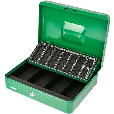 HMF Afsluitbare geldcassette met euromuntplaat, 4 vakken voor bankbiljetten, 30,5 x 24 x 9 cm, groen HMF Afsluitbare geldcassette met euromuntplaat, 4 vakken voor bankbiljetten, 30,5 x 24 x 9 cm, groen