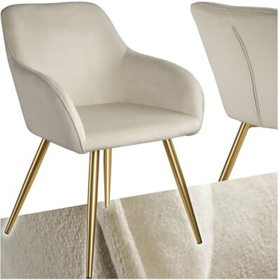 tectake ® Marilyn Eetkamerstoel met armleuningen en gevoerde zitting, fluwelen look, goudkleurige poten, ergonomische keukenstoel, woonkamerstoel, slaapkamerstoel, crème/goud tectake ® Marilyn Eetkamerstoel met armleuningen en gevoerde zitting, fluwelen look, goudkleurige poten, ergonomische keukenstoel, woonkamerstoel, slaapkamerstoel, crème/goud