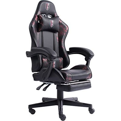 Trisens Ergonomische gamingstoel voor pc in racing-design met flexibele armleuningen, lederlook, uittrekbare voetensteun en extra steunkussen, kleur: zwart/legerroze Trisens Ergonomische gamingstoel voor pc in racing-design met flexibele armleuningen, lederlook, uittrekbare voetensteun en extra steunkussen, kleur: zwart/legerroze