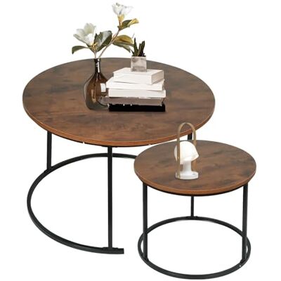 LANTUS Set van 2 salontafels, marmer/bijzettafel, diameter 70 + 50 cm, grote ronde tafel, marmerlook voor woonkamer, slaapkamer, balkon, 70 x 70 x 45 cm (verbrand hout + zwarte poten) LANTUS Set van 2 salontafels, marmer/bijzettafel, diameter 70 + 50 cm, grote ronde tafel, marmerlook voor woonkamer, slaapkamer, balkon, 70 x 70 x 45 cm (verbrand hout + zwarte poten)