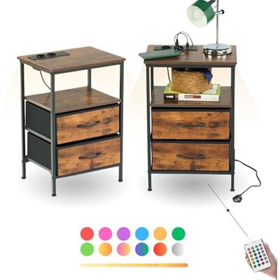 FurnitureR FunitureR Set van 2 nachtkastjes met led en oplaadfunctie, nachtkastje met 2 laden en open houten plank, bijzettafel voor slaapkamer, woonkamer, slaapzaal, bruin FurnitureR FunitureR Set van 2 nachtkastjes met led en oplaadfunctie, nachtkastje met 2 laden en open houten plank, bijzettafel voor slaapkamer, woonkamer, slaapzaal, bruin