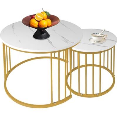 LANTUS Set van 2 salontafel marmer/bijzettafel voor woonkamer diameter 60 + 40 cm grote ronde tafel wit marmeren look en frame van goudkleurig staal (60 x 60 x 45 cm + 40 x 40 x 38 cm) wit en goud LANTUS Set van 2 salontafel marmer/bijzettafel voor woonkamer diameter 60 + 40 cm grote ronde tafel wit marmeren look en frame van goudkleurig staal (60 x 60 x 45 cm + 40 x 40 x 38 cm) wit en goud