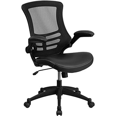 Flash Furniture Bureaustoel met wielen Zwarte draaistoel met middelhoge rugleuning met gaas en LeatherSoft zitting voor thuiskantoor en aan bureau Flash Furniture Bureaustoel met wielen Zwarte draaistoel met middelhoge rugleuning met gaas en LeatherSoft zitting voor thuiskantoor en aan bureau