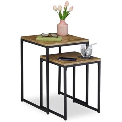 Relaxdays Bijzettafel set van 2, stapelbaar, industrieel design, uittrekbaar, 2 maten, vierkant, metaal, houteffect, zwart, ijzer, MDF, pvc, 2 stuks Relaxdays Bijzettafel set van 2, stapelbaar, industrieel design, uittrekbaar, 2 maten, vierkant, metaal, houteffect, zwart, ijzer, MDF, pvc, 2 stuks