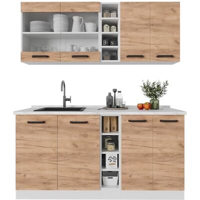 Vicco Keuken "R-Line", eiken goud/wit, 160 cm 6 modules, in hoogte verstelbare poten, werkblad incl. · Robuuste fronten · Met open planken Vicco Keuken "R-Line", eiken goud/wit, 160 cm 6 modules, in hoogte verstelbare poten, werkblad incl. · Robuuste fronten · Met open planken