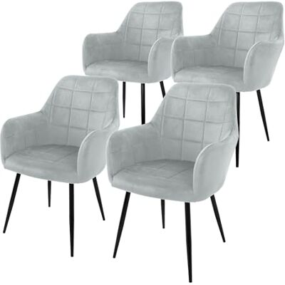 ECD Germany Set van 4 eetkamerstoelen, keuken, woonkamer, grijs, gestoffeerde zitting van fluweel, metalen structuur, retro stoel met armleuningen, voor kantoor, ontvangst, meubels ECD Germany Set van 4 eetkamerstoelen, keuken, woonkamer, grijs, gestoffeerde zitting van fluweel, metalen structuur, retro stoel met armleuningen, voor kantoor, ontvangst, meubels